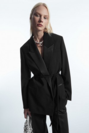 Blazer COS Belted Satin-Lapel Tuxedo Mujer Negros | México GPWV-68491