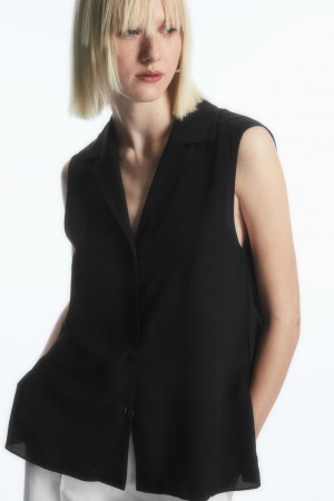 Blusa COS Sin Manga Camp-Collar Pure Silk Mujer Negros | México QGCM-42597
