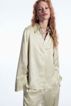 Camisas COS Anchos-Sleeve Crinkled-Satin Mujer Creme | México FQZN-28473