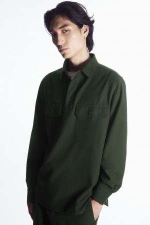 Camisas COS Half-Placket Utility Overshirt Hombre Verdes Oscuro | México RBTQ-63104