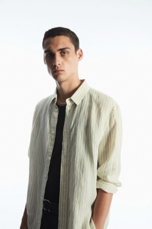 Camisas COS Long-Sleeved A Rayas Linen Hombre Verdes Creme | México FGKJ-79180