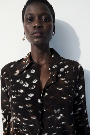 Camisas COS The Feather-Print Silk Mujer Negros | México ZEOC-67185