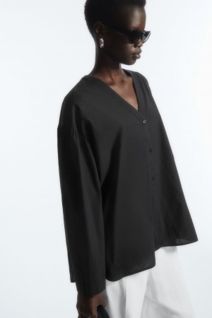 Camisas COS Voluminous V-Neck Poplin Mujer Negros | México GHLV-12087