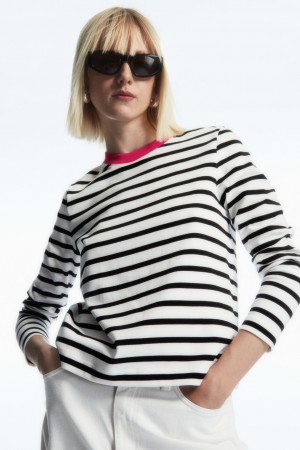 Camiseta COS Regular-Fit Heavyweight Long-Sleeved Mujer Negros Blancos | México VXID-85219