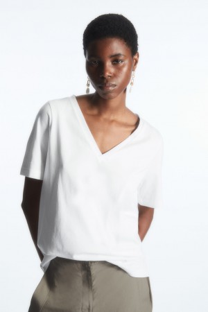Camiseta COS V-Neck Mujer Blancos | México KDEP-76048