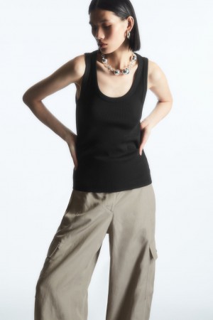 Camiseta sin Manga COS Scoop-Neck Acanalado Mujer Negros | México SCIV-82743