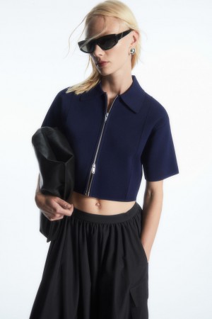 Chamarras COS Corta-Sleeved Cropped De Punto Mujer Azul Marino | México ZAFY-01842