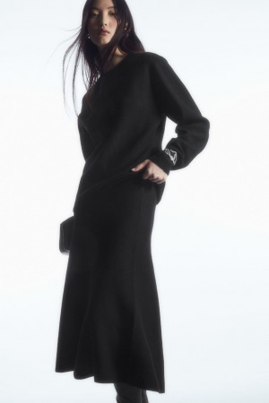 Falda COS Flared Merino Lana Midi Mujer Negros | México NQHP-72490