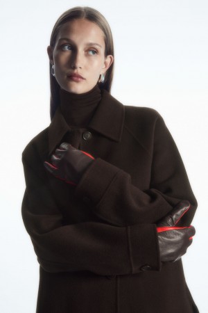 Guantes COS Cashmere-Forro Color-Block Cuero Mujer Rojos Claro Marrom Oscuro | México QEJA-40781