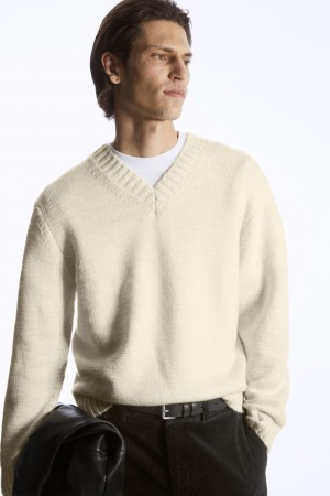 Suéteres COS V-Neck Lana Hombre Creme | México SDMY-69803