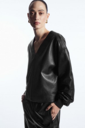 Tops COS Oversized V-Neck Cuero Mujer Negros | México NMYF-25184