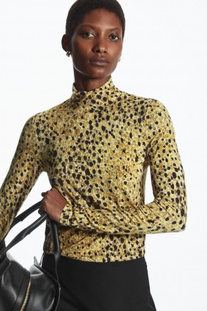 Tops COS Printed High-Neck Mujer Amarillos Marrom | México EFVQ-16254