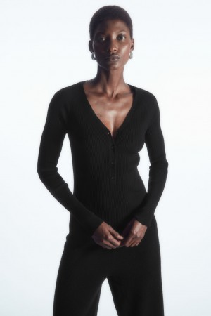 Tops COS V-Neck Acanalado Lana Henley Mujer Negros | México MLFO-24081