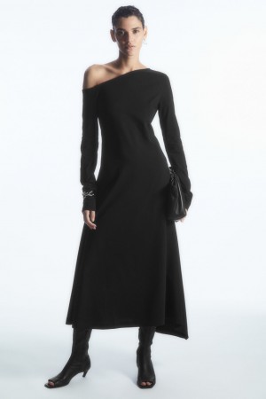 Vestido COS Off-The-Shoulder Asymmetric Midi Mujer Negros | México OIKD-57620