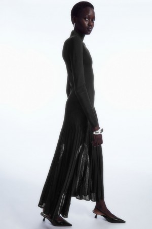 Vestido COS Plisado De Punto Turtleneck Maxi Mujer Negros | México SAVZ-10874