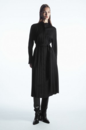 Vestido COS Plisado Lana-Blend Mujer Negros | México OUFK-48957