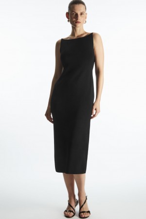 Vestido COS Square-Neck De Punto Midi Slip Mujer Negros | México OMLF-62159